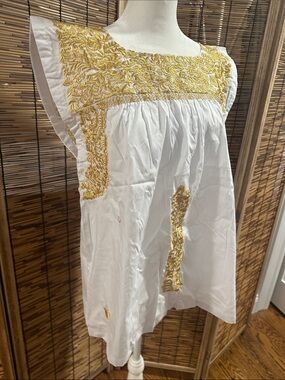 White Embroidered Sleeveless Women’s Top with Gold Accents